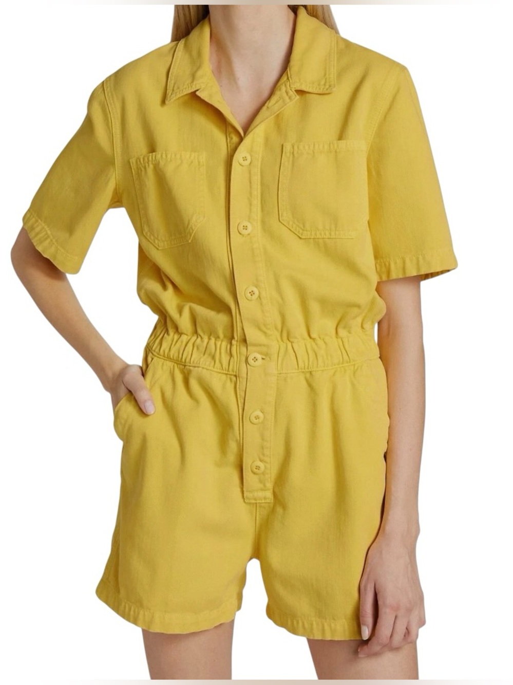 MOTHER The Springy Short Utility Denim Romper Primrose Yellow XS
